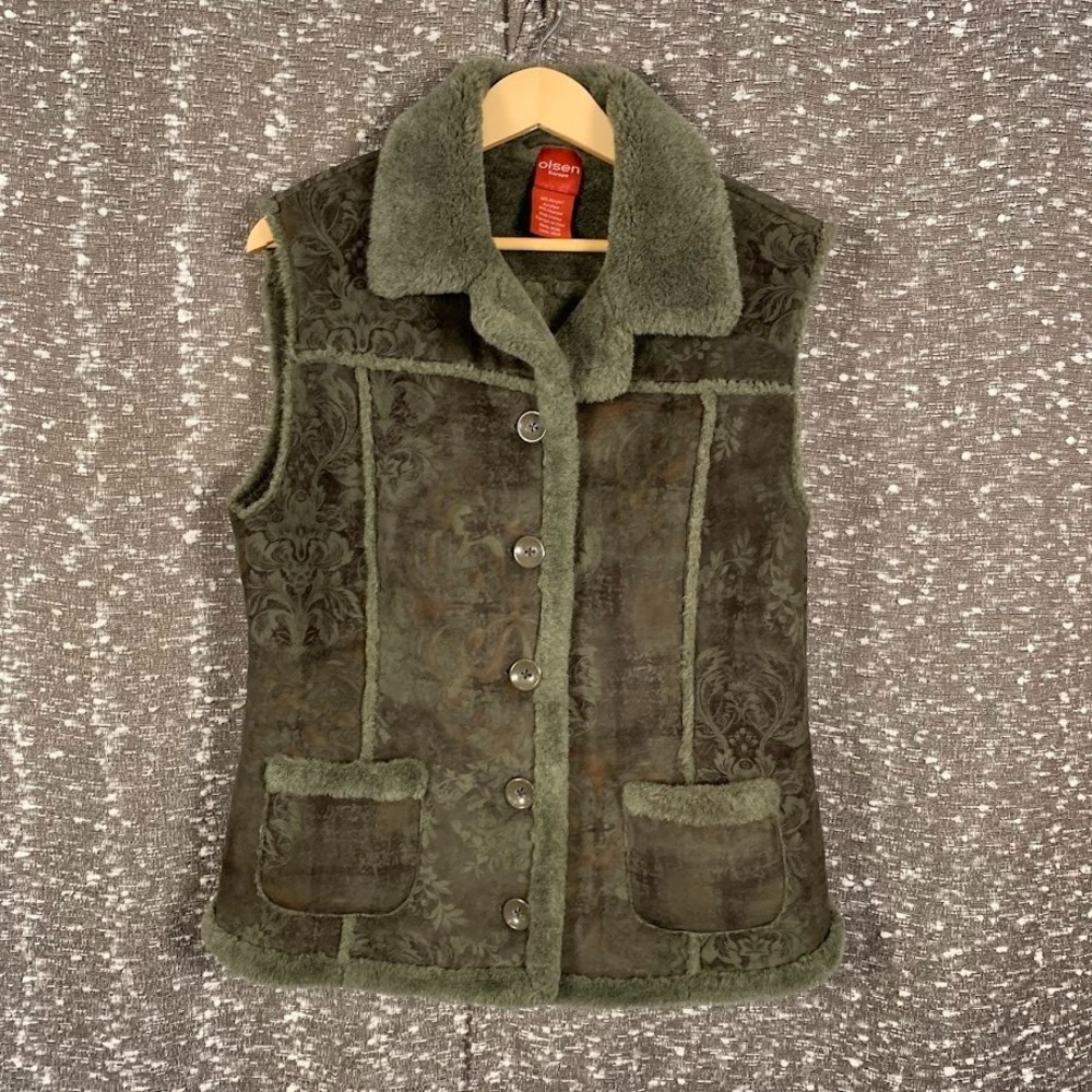 Vintage Y2K Olsen Women's Green Floral Button‎ Up Vest Faux Fur Boho